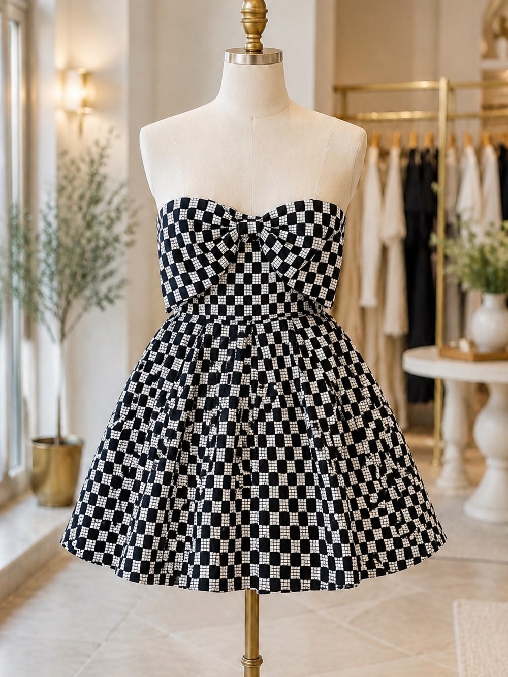 Meet me in Santorini Strapless Black & White Checkered Mini Dress NWT